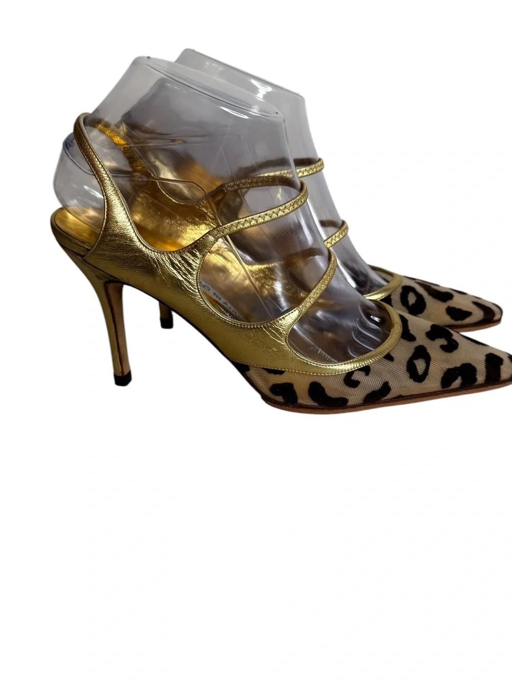 Manolo Blahnik Gold Metallic & Leopard Print Pumps Pointed Toe Heels Size 38